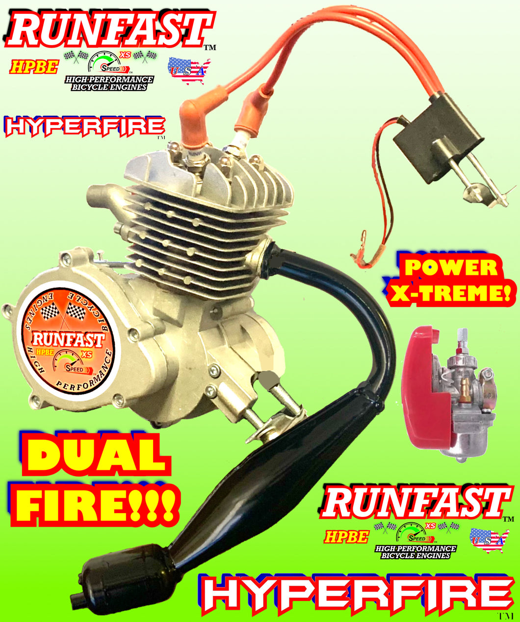 MONSTER HYPERFIRE RUNFAST TM 2-stroke 66cc/80cc SUPERPOWER Motorized Bike ENGINE FOR MOTORIZED BICYCLE WITH HYPERMAXX POWER PIPE AND SPEED CARBURETOR